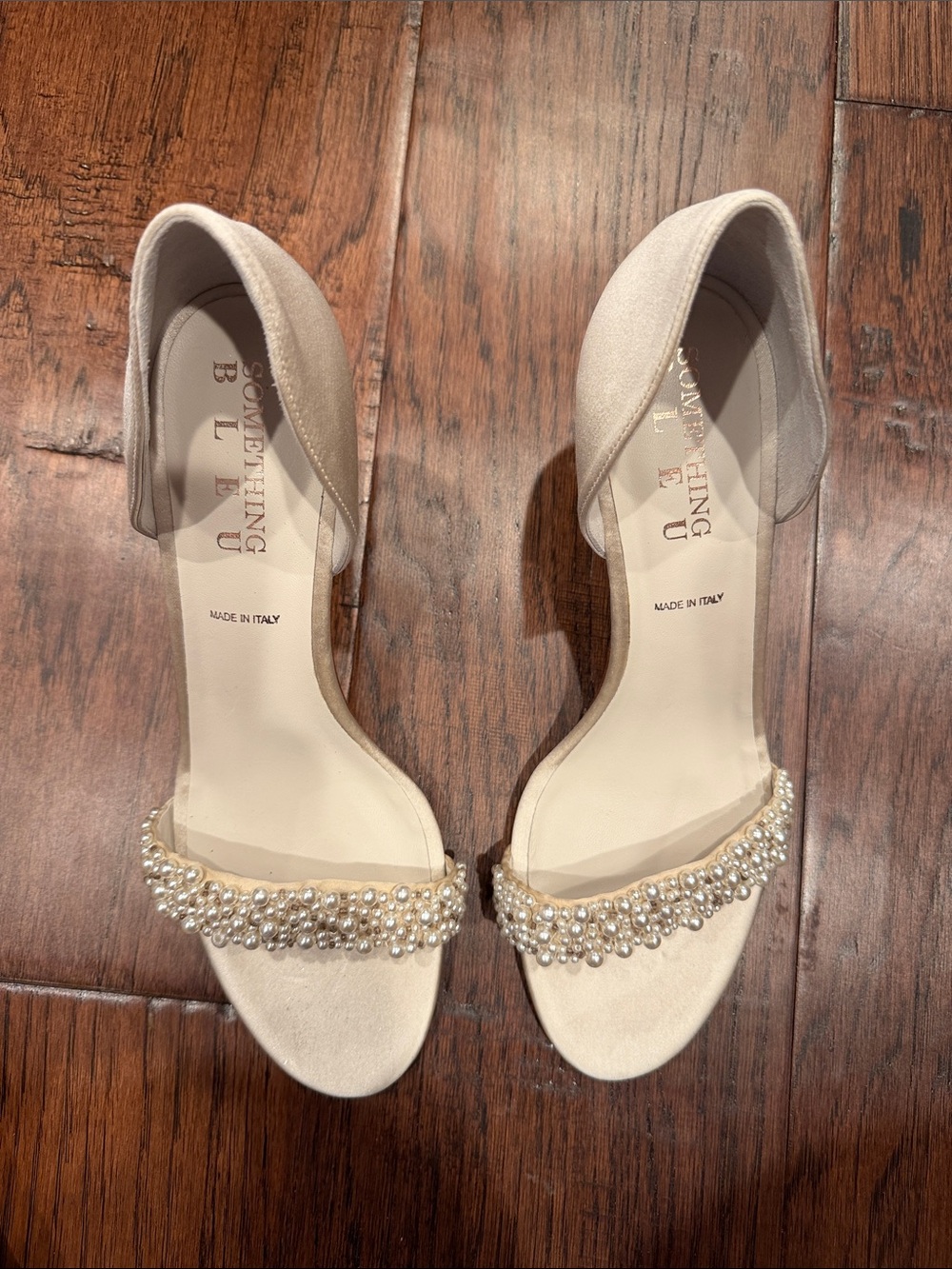 Something Bleu Bridal Ivory Pearl-Adorned Open-Toe Heels